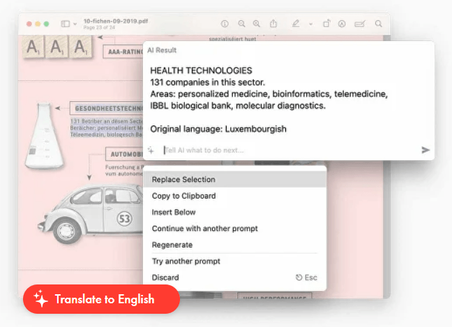 Pismo translate to English example over a PDF