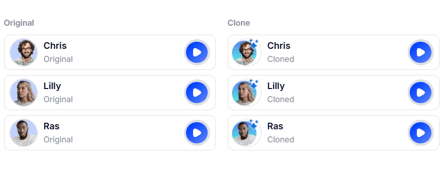 Voice.ai voice cloning original and cloned voice list