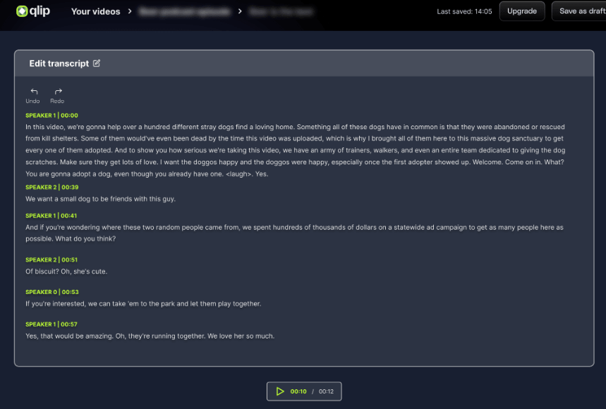 Qlip AI speech-to-text transcript editor