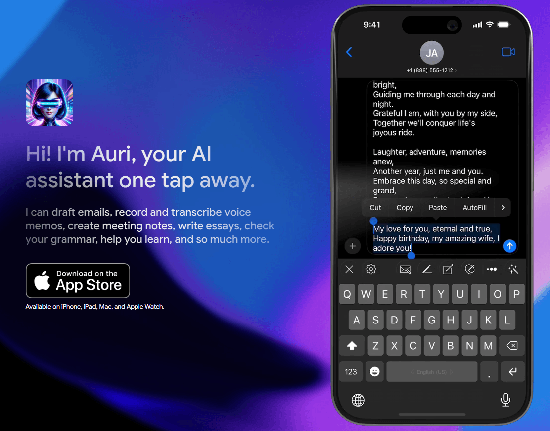 Auri.AI homepage hero section with iPhone keyboard preview
