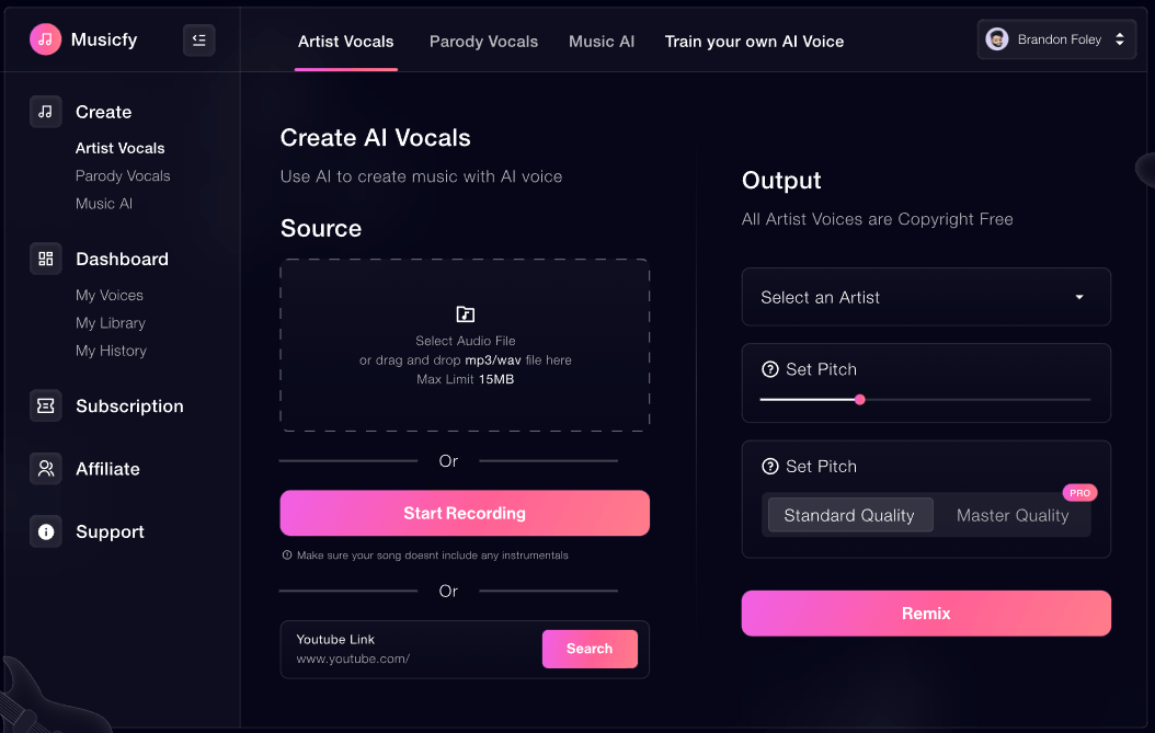Musicfy create AI vocals workspace