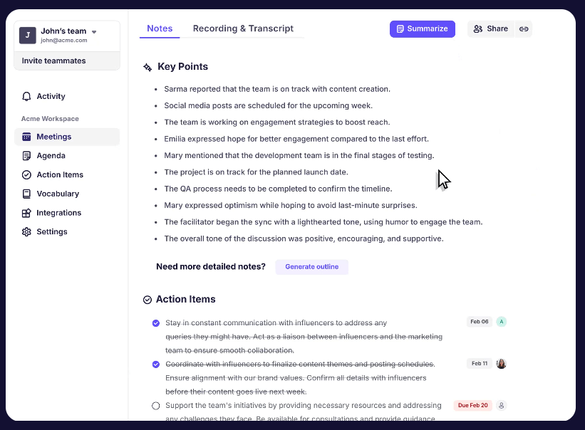 Krisp AI meeting notes screen with key points and action items
