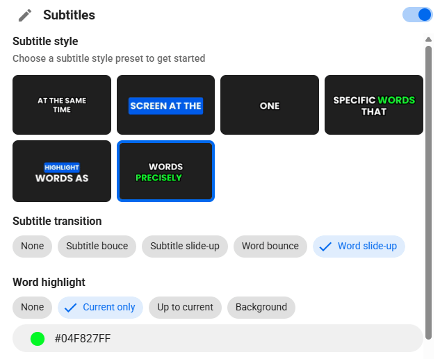 2short.ai Subtitle Style Controls