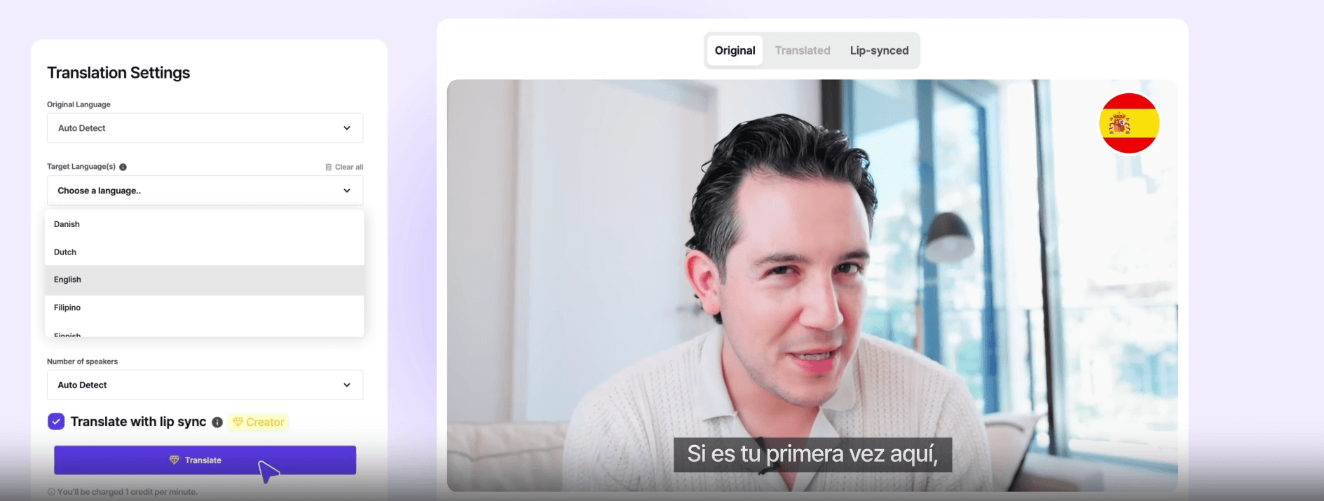Perso AI video translation language selection and lip-sync preview