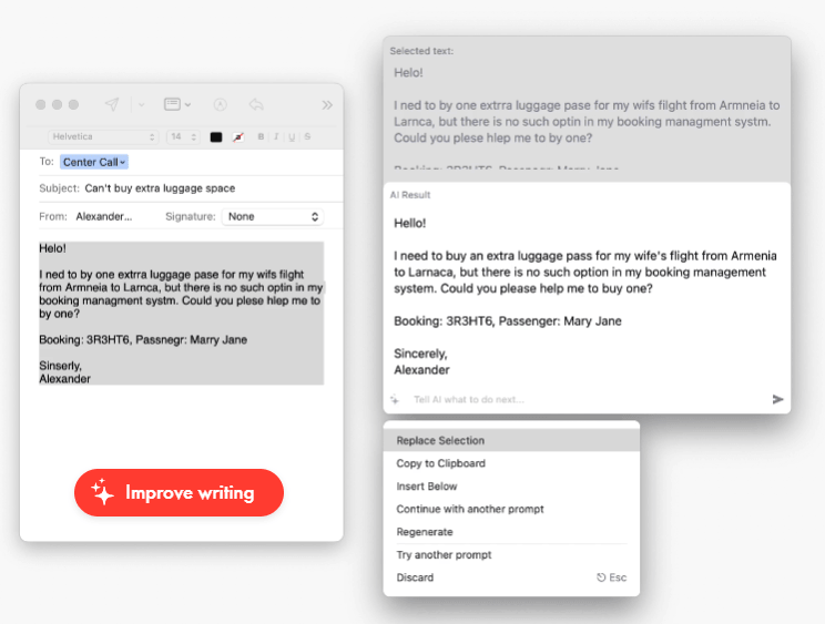 Pismo improve writing example in an email
