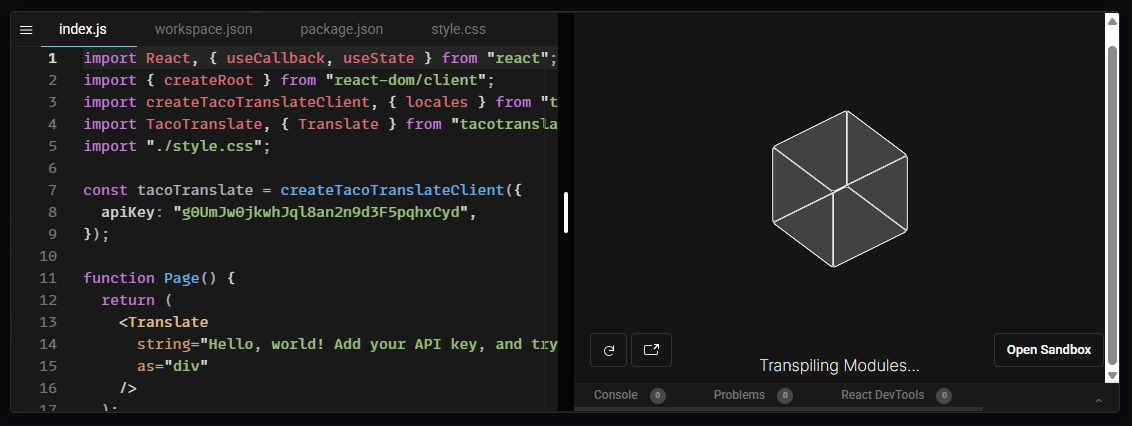 TacoTranslate React code sandbox demo