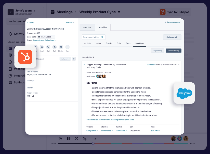 Krisp CRM sync screen with HubSpot and Salesforce