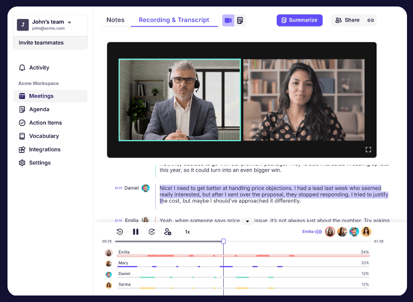 Krisp meeting recording and transcript screen