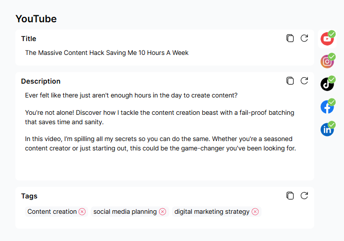 Vubli YouTube copy generation screen