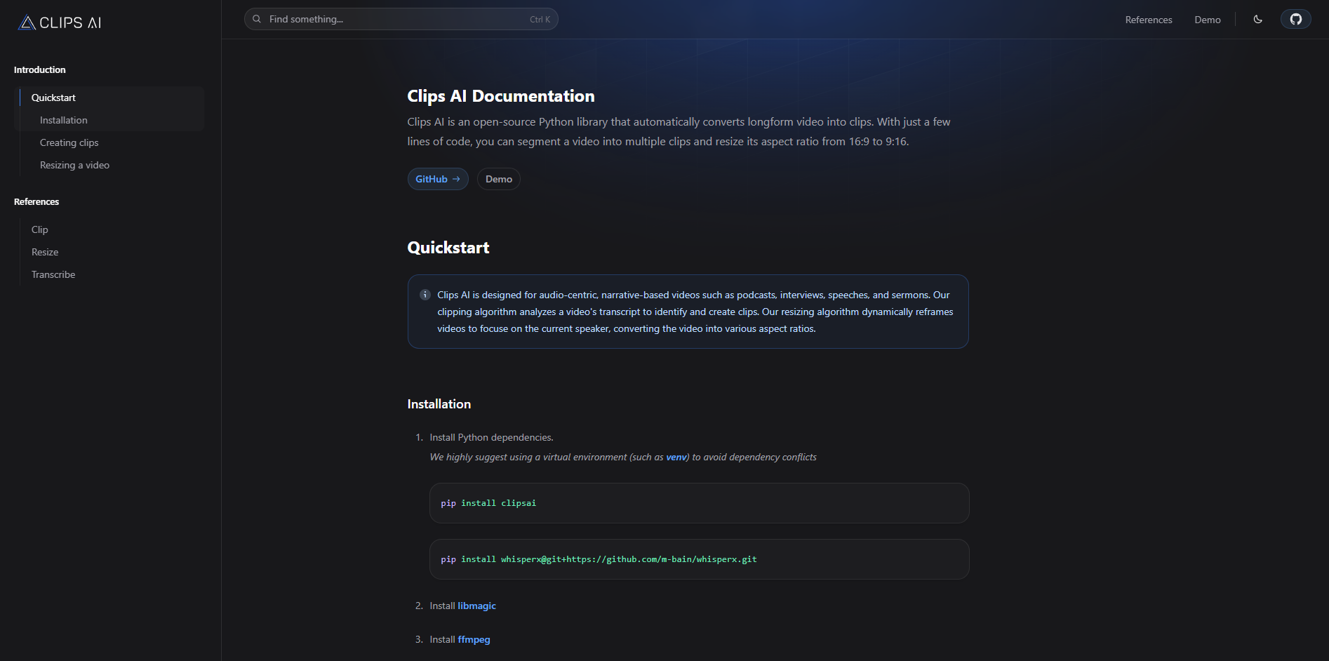 Clips AI documentation quickstart page