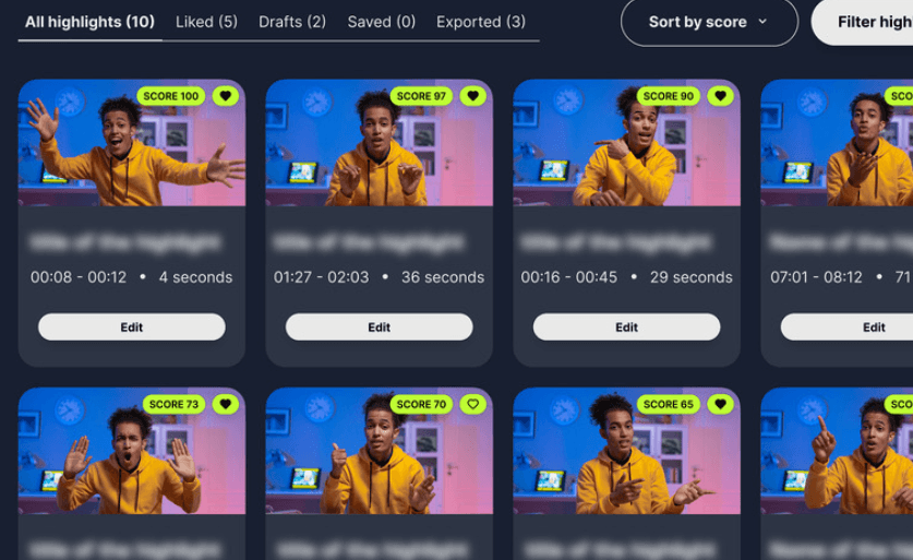 Qlip AI extracted highlights dashboard