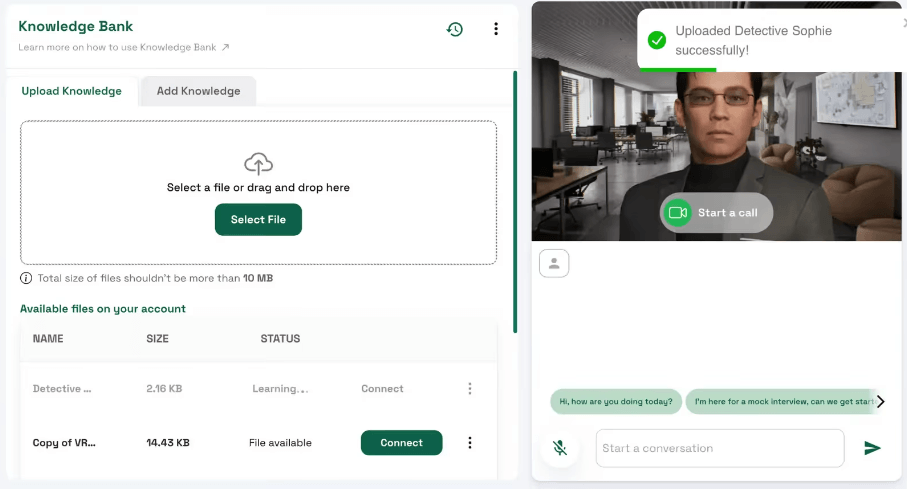 Convai Knowledge Bank and character call interface