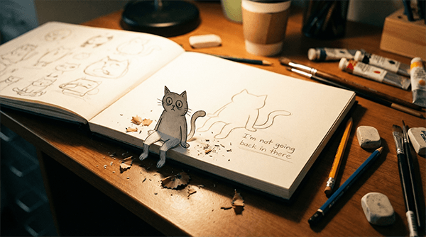 Sketchbook Cartoon Cat Escape Scene