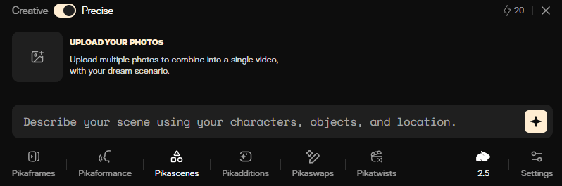Pika feature interface showing Pikascenes workflow