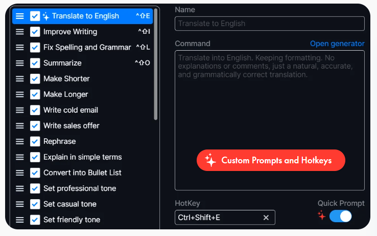 Pismo custom prompts and hotkeys settings
