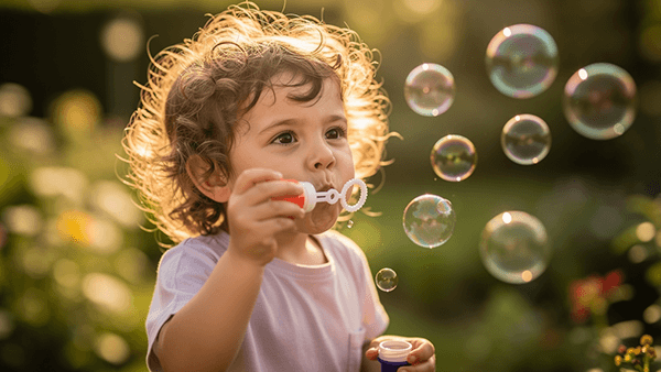 Child Blowing Bubbles Outdoors