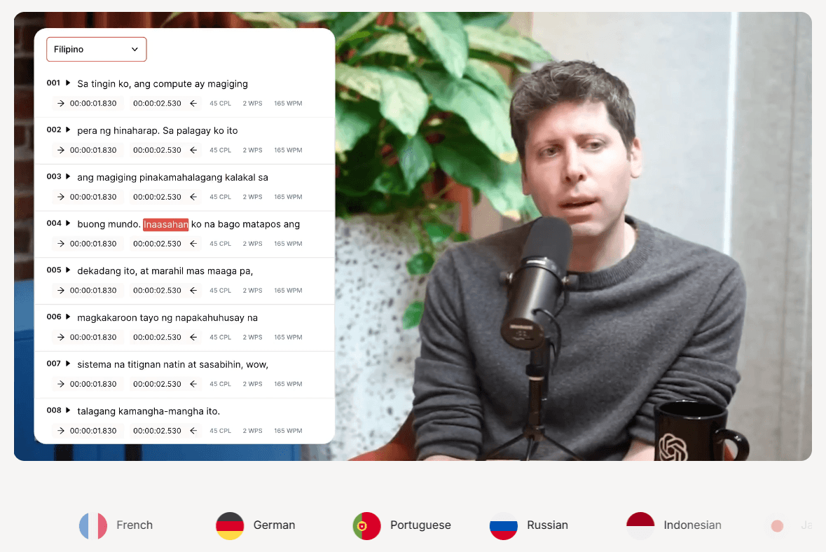 Salina podcast translation editor with video and translated transcript