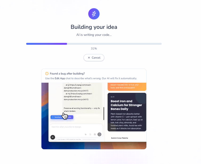 Pabble app building progress screen