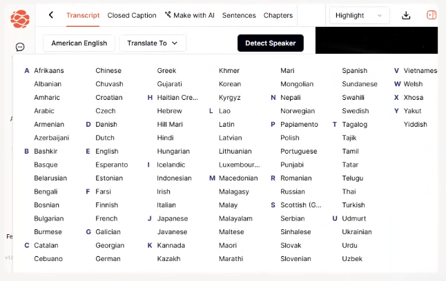 Salina transcription and translation language menu