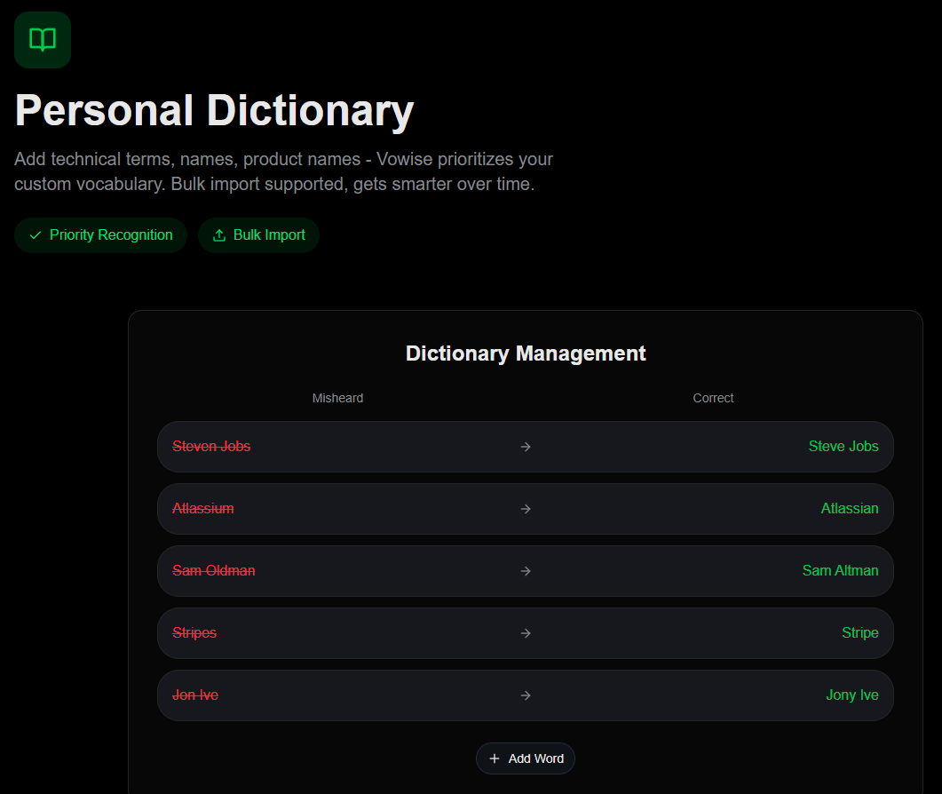 Vowise Personal Dictionary