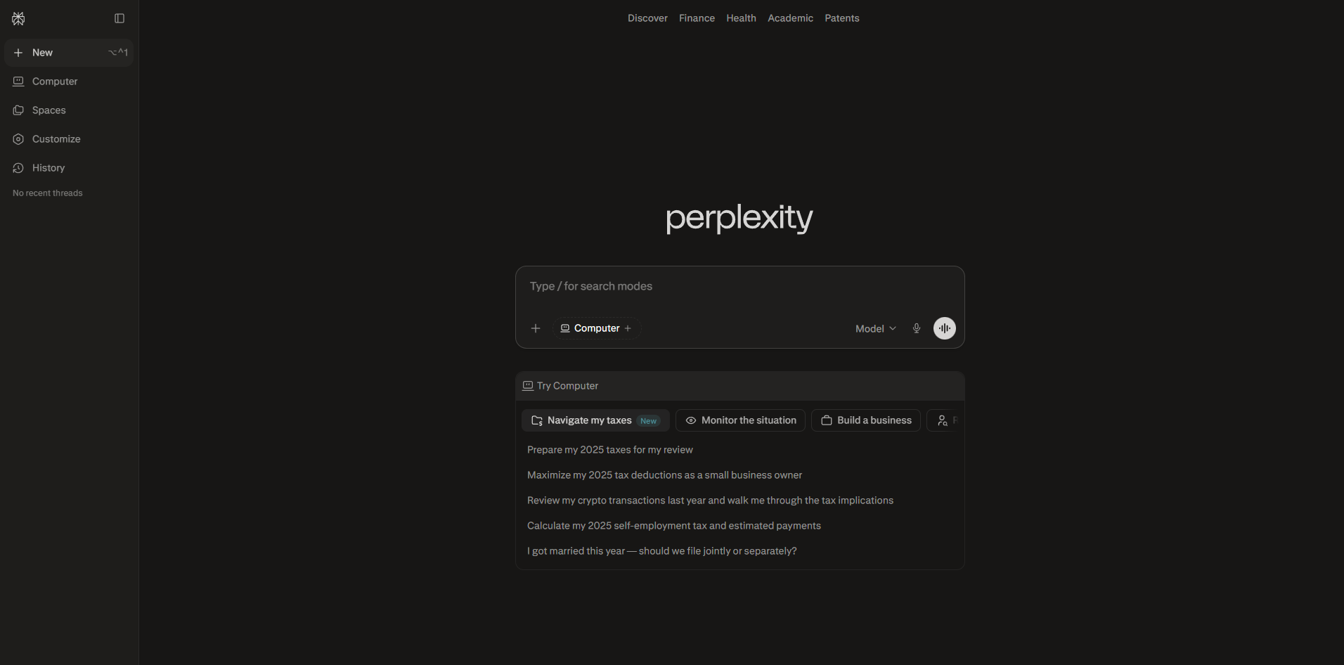 Perplexity Main Interface