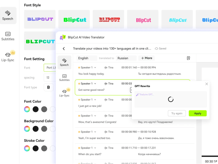 BlipCut transcript and translation editor interface