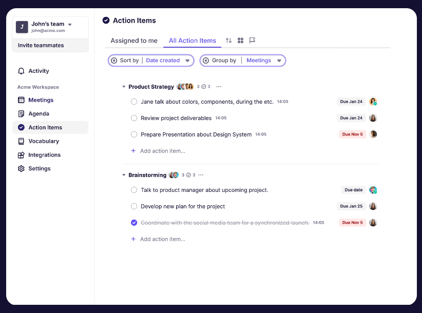 Krisp action items task dashboard