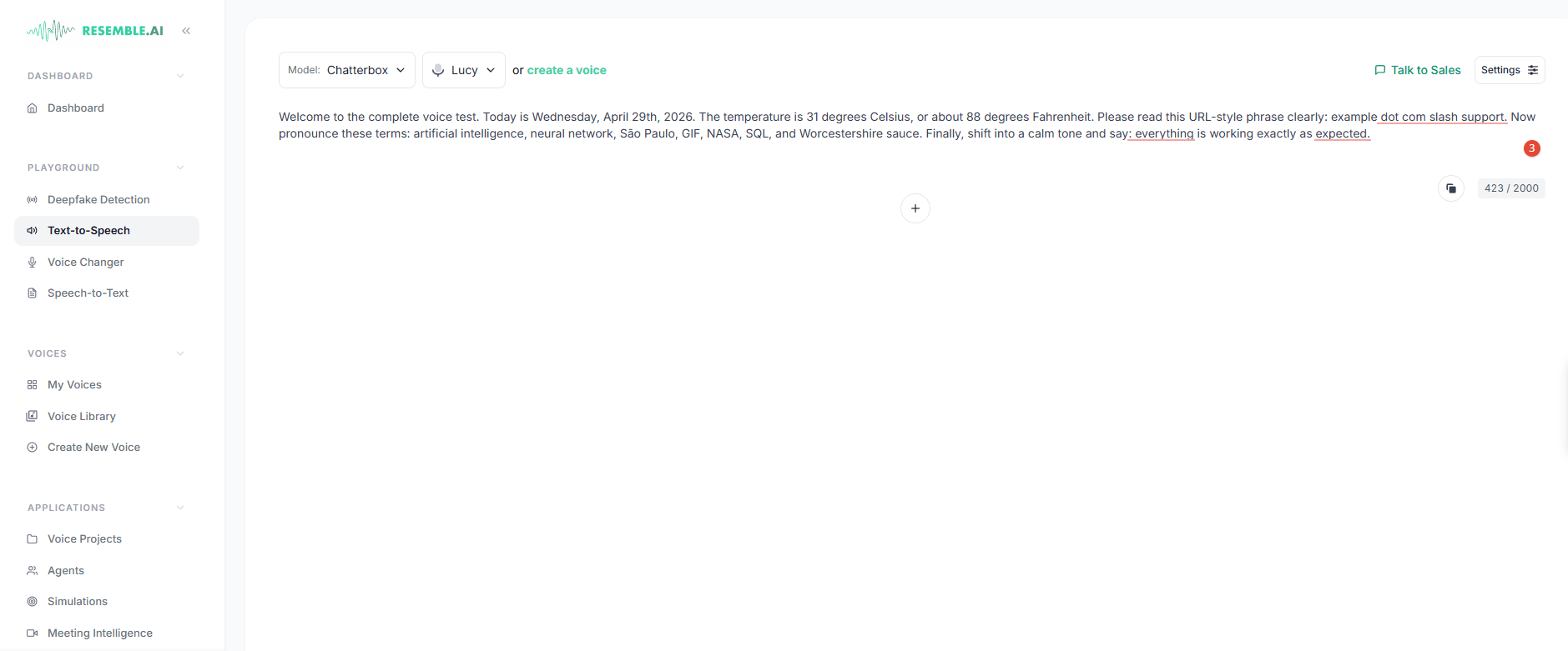 Resemble AI Text to Speech Dashboard