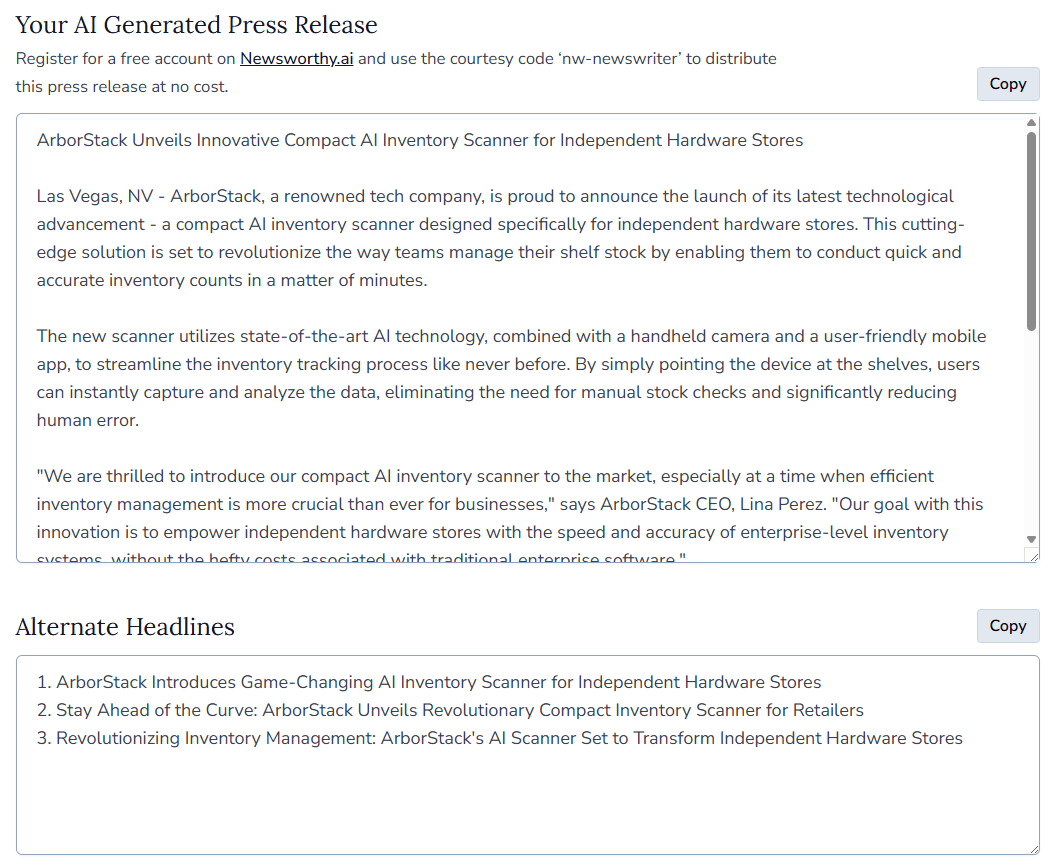 Newswriter.ai Prompt 1 Result