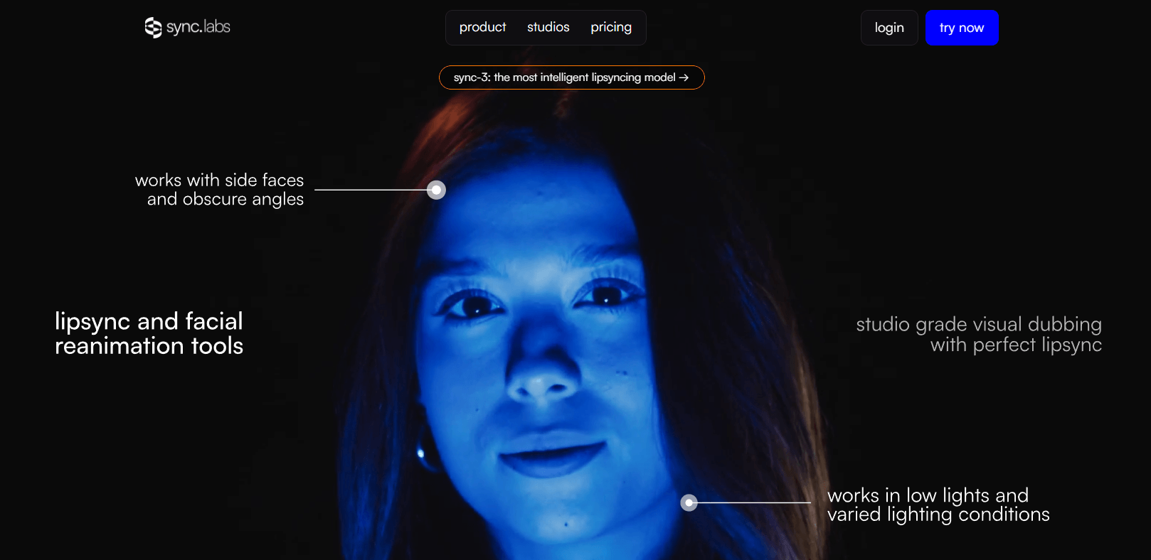 Sync Labs homepage hero section for lipsync and facial reanimation tools