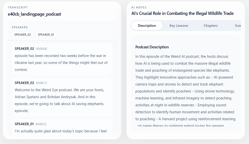 CleanVoice transcript and AI notes screen