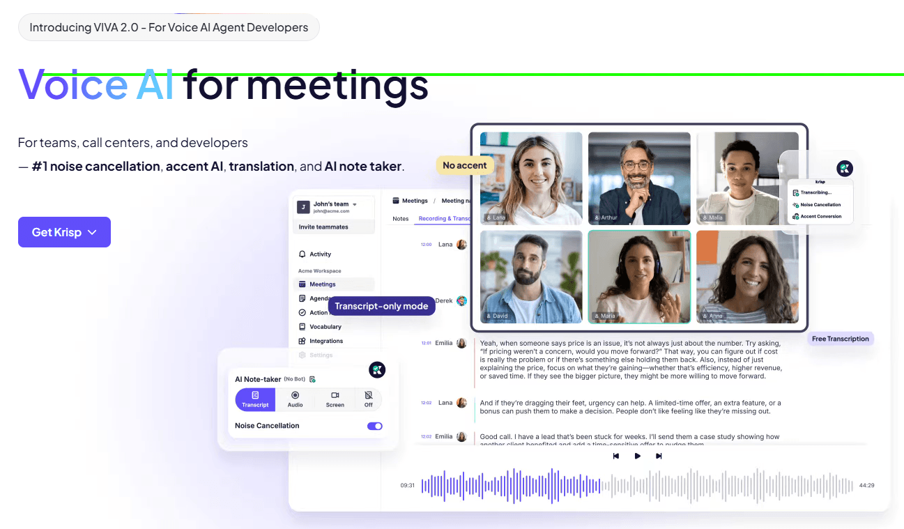 Krisp Voice AI for meetings homepage hero section