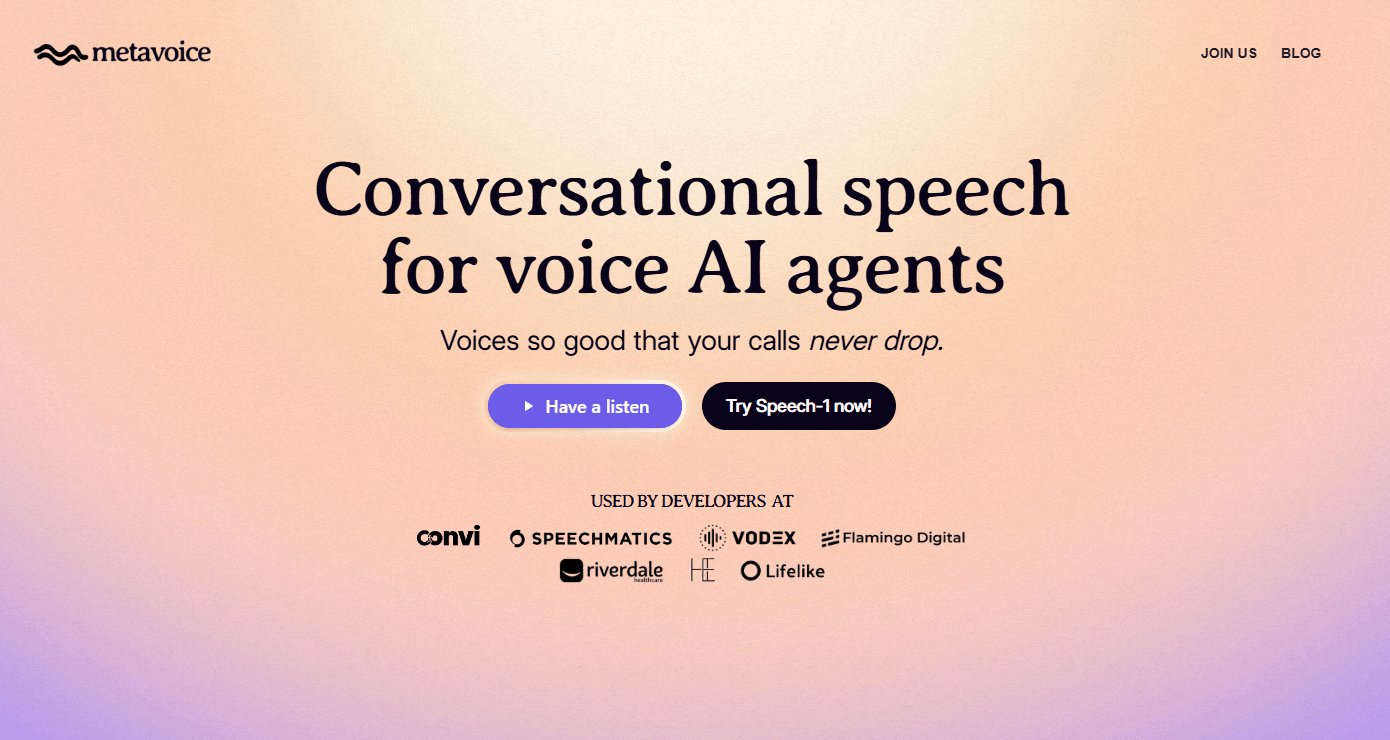 MetaVoice Speech homepage hero section