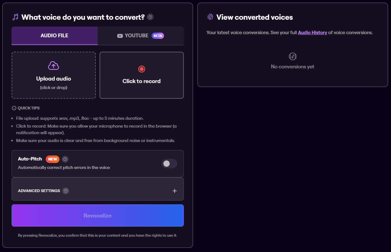 Revocalize AI convert voice upload screen