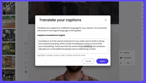 Lumen5 translate captions modal