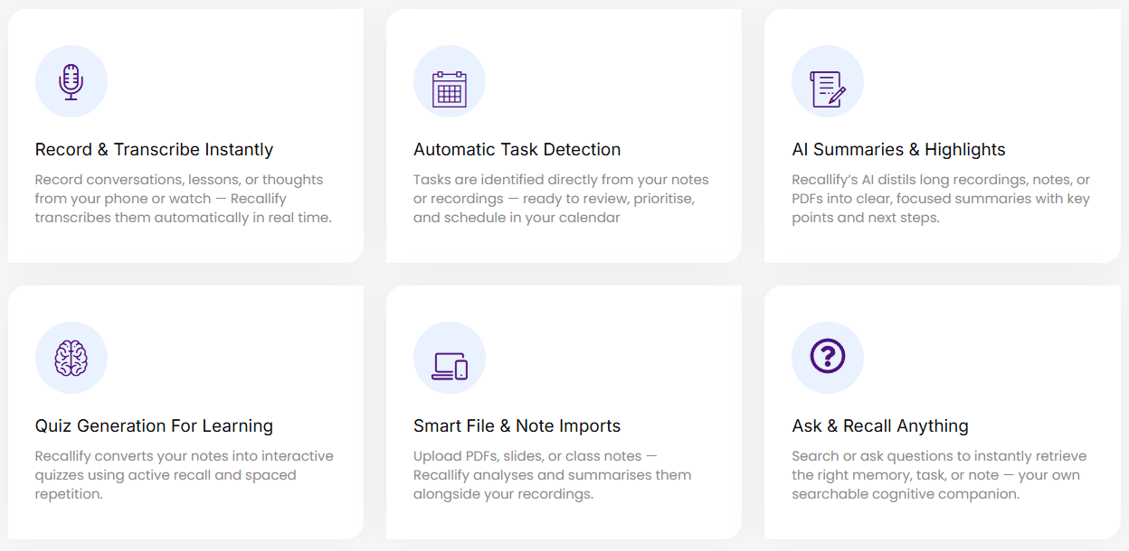 Recallify Feature List
