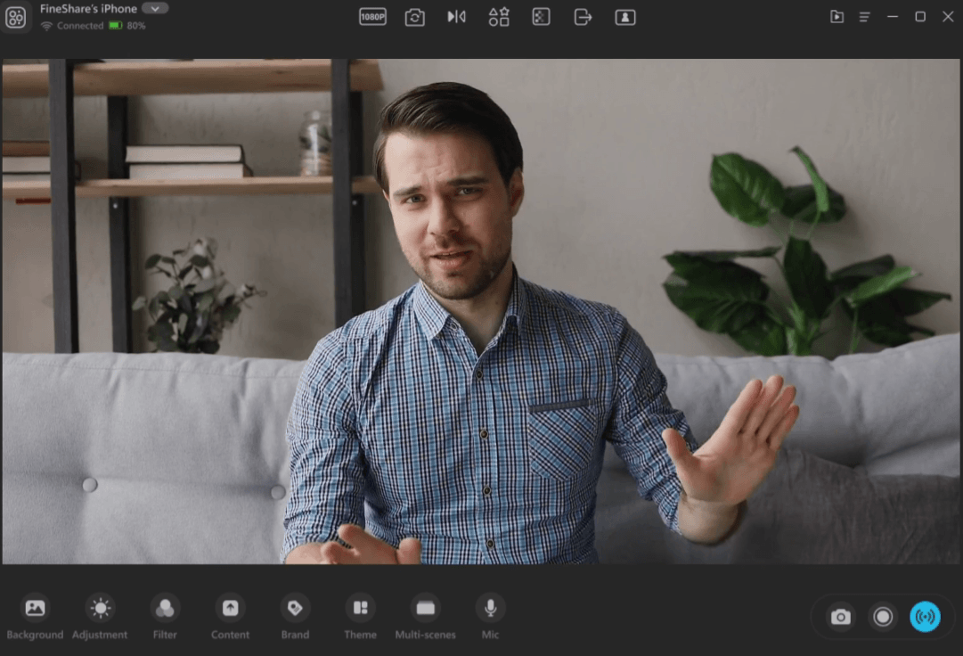 FineCam virtual camera interface with iPhone connected