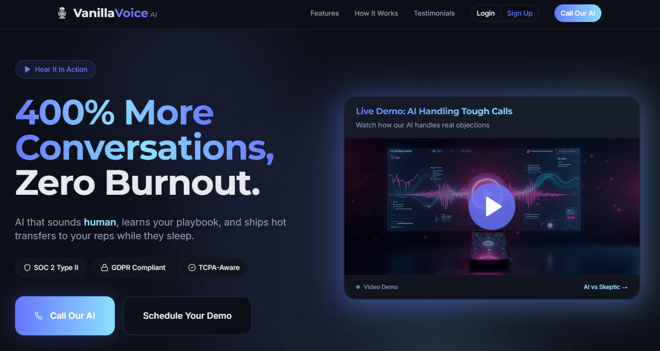 Vanilla Voice AI homepage hero section
