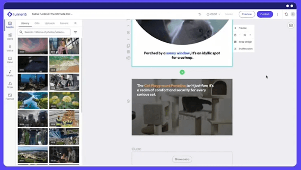 Lumen5 video editor workspace with media library and scenes