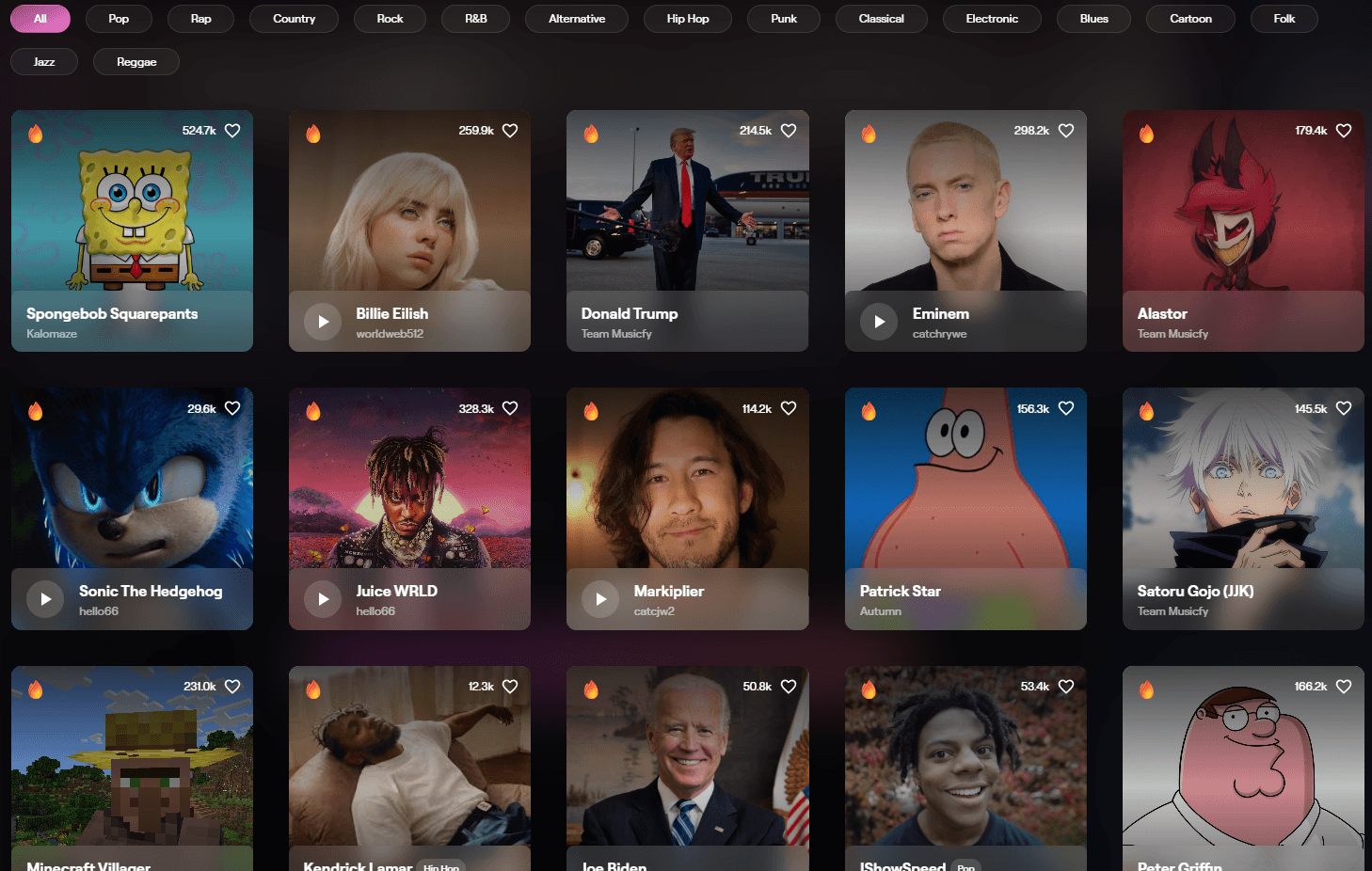 Musicfy voice library grid with category filters