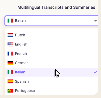 Krisp multilingual transcripts and summaries language menu