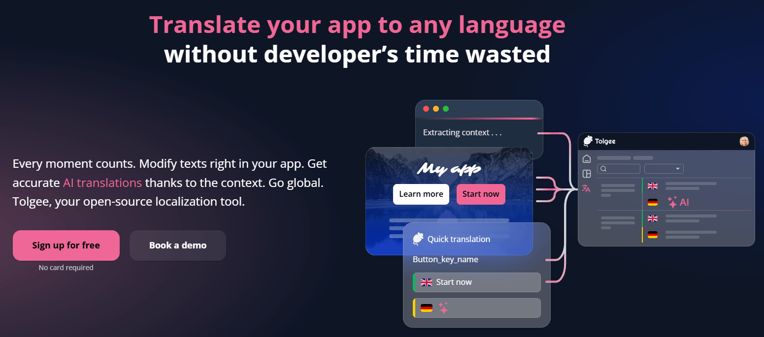 Tolgee homepage hero section with AI translation workflow